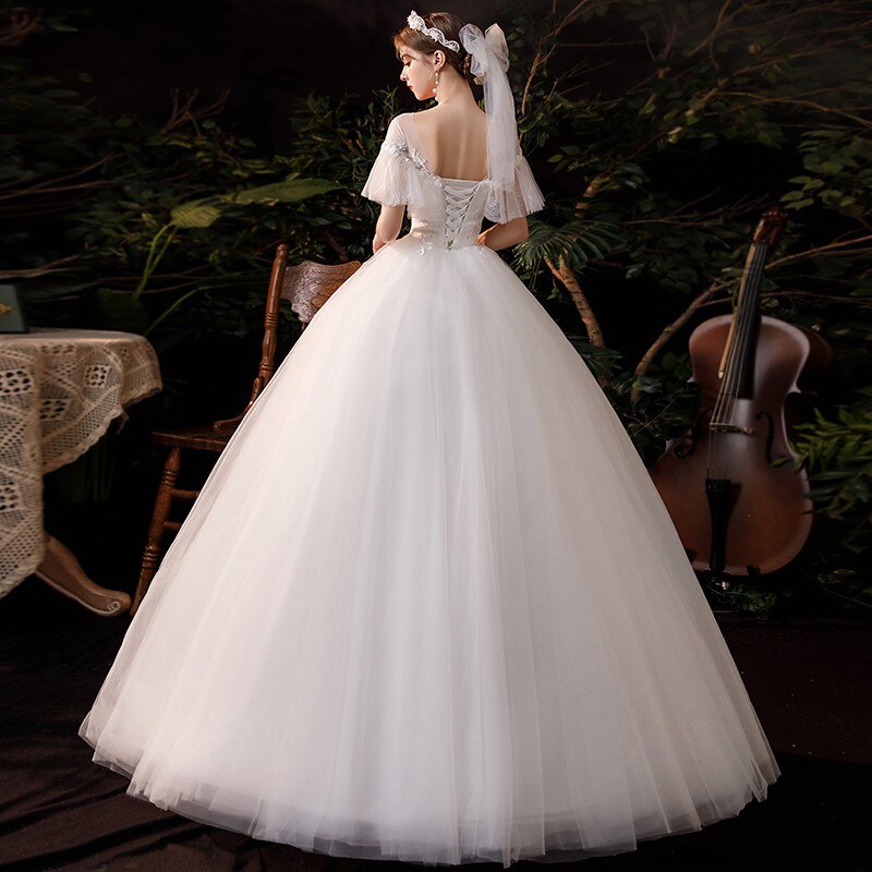Short Sleeve Lace Wedding Dresses Luxury Bridal Lace Up Ball Gown