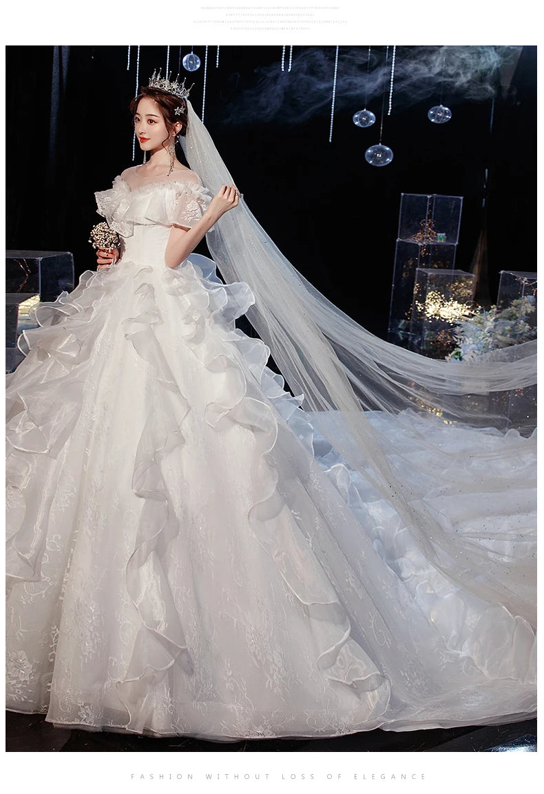 Luxury Lace Wedding Gown With Train Ball Gown Classic Cap Sleeve