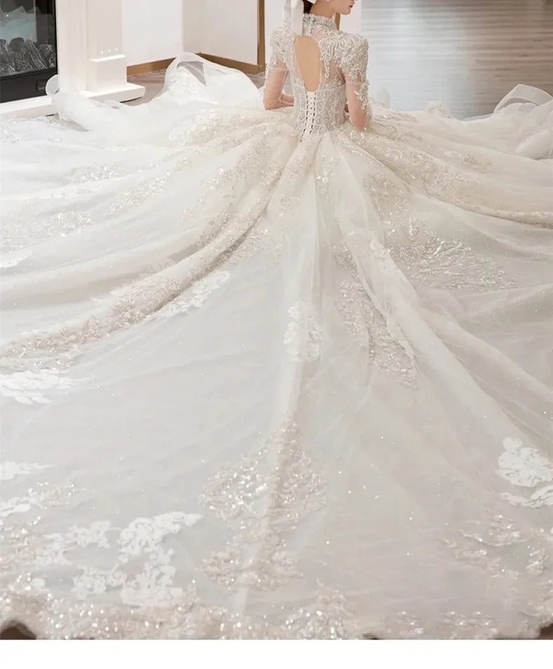 Gorgeous V Neck Illusion Full Sleeve Shining Beaded Crystal Lace Applique Wedding Party Bridal Gowns