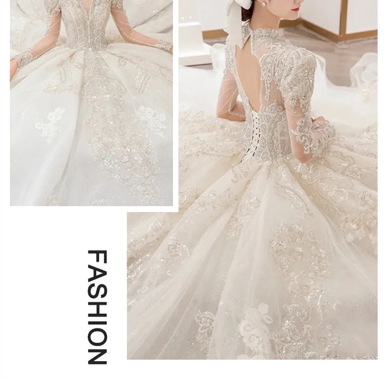 Gorgeous V Neck Illusion Full Sleeve Shining Beaded Crystal Lace Applique Wedding Party Bridal Gowns