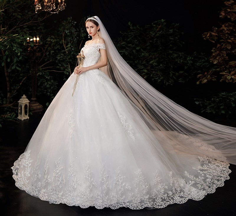 New Boat Neck Wedding Dress Sweep Brush Train Ball Gown Bridal Dress Lace Up Wedding Gowns Vestidos De Novia