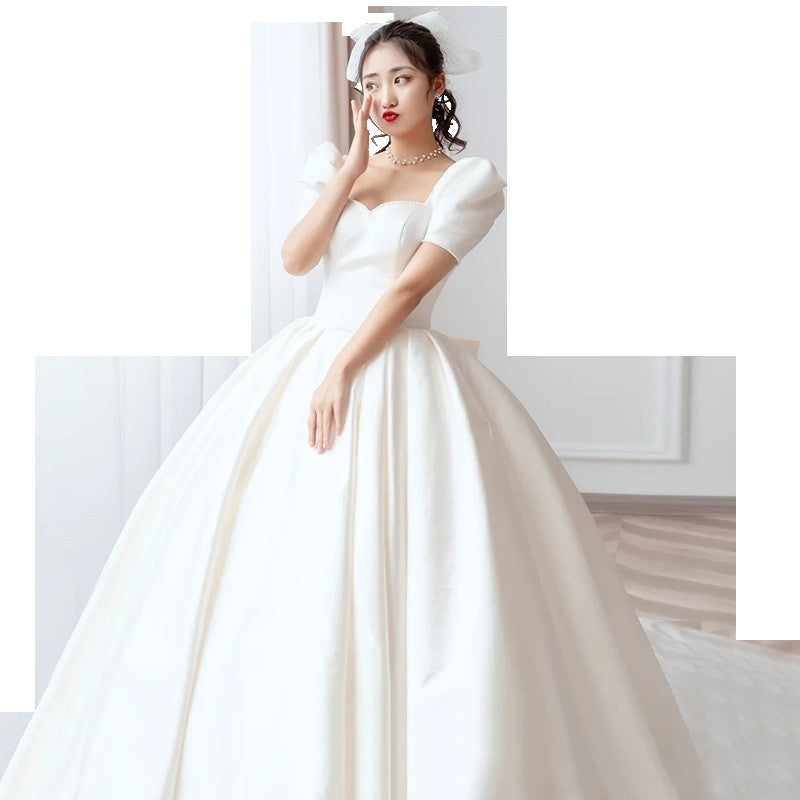 Luxury Satin Wedding Dress Pure White With Train Simple Bridal Ball Gown Custom Made