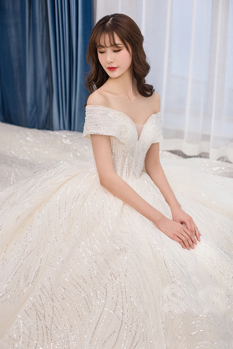 Off The Shoulder Wedding Dress Sweep Train Ball Gown Wedding Gown Vestido De Noiva Luxury Prinecess Bride Dress