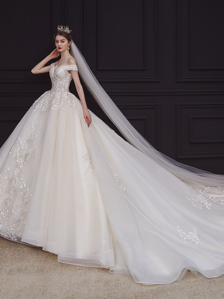 Luxury Handmade Boat Neck Wedding Dress With Train Lace Flower Bridal Dress Elegant Off The Shoulder Ball Gown