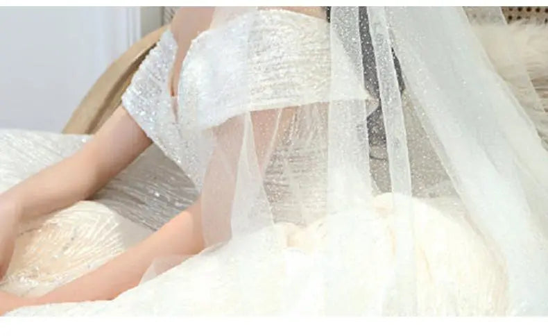 Luxury Sequins Wedding Dress Classic Boat Neck Bridal Gown Off The Shoulder