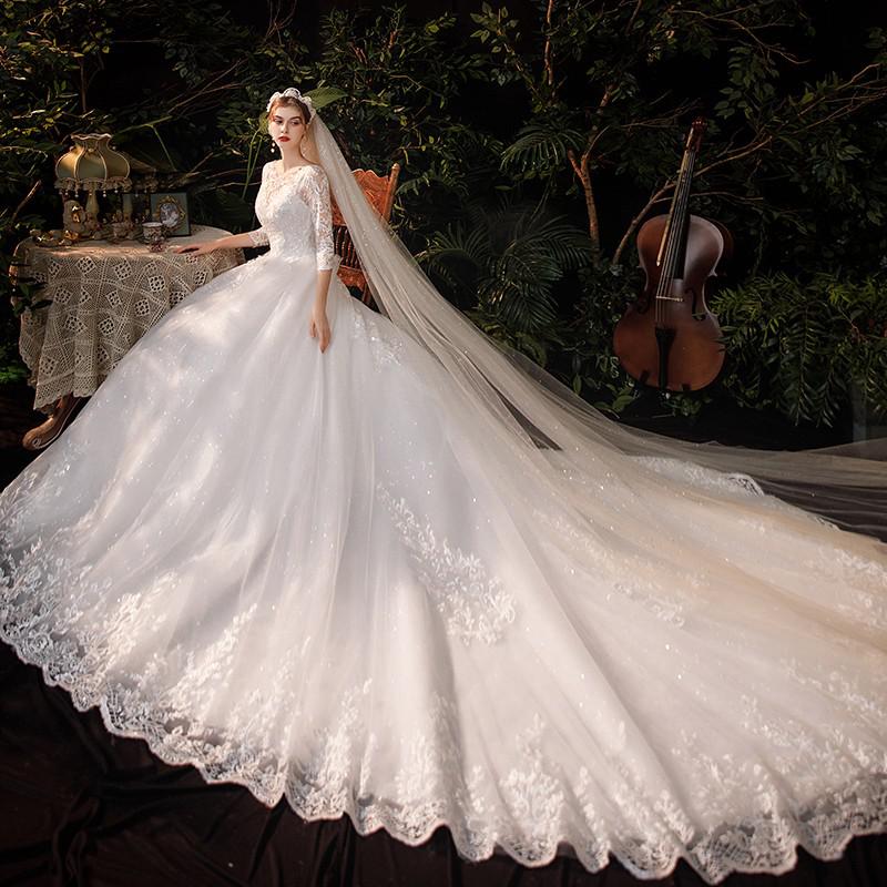 Boat Neck With Train Three Quarter Sleeve Lace Up Bridal Ball Gown