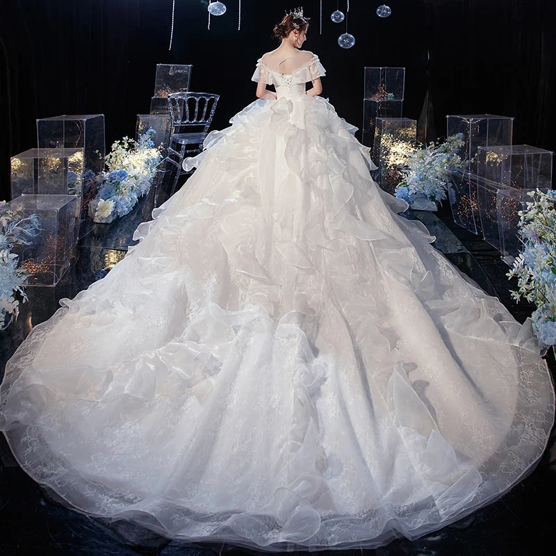 Luxury Lace Wedding Gown With Train Ball Gown Classic Cap Sleeve