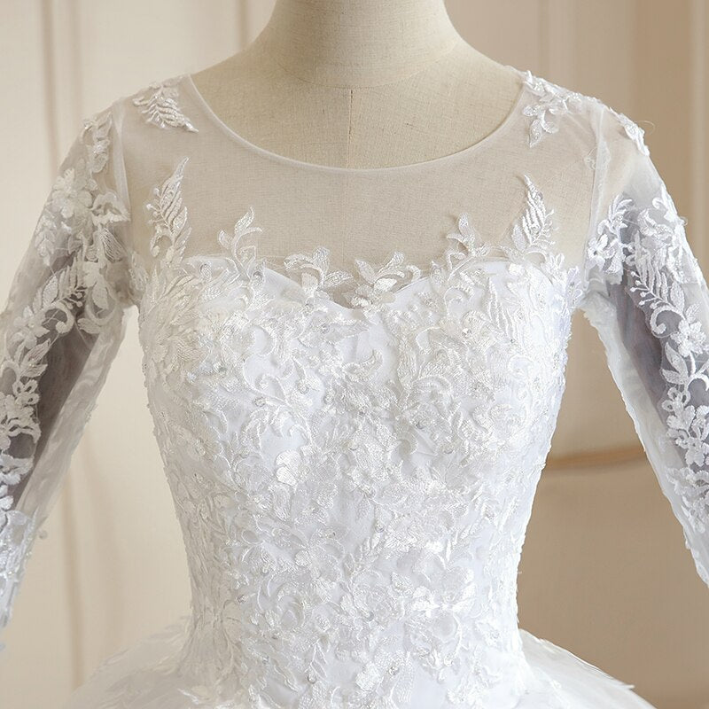 Pure White Full Sleeve Wedding Dress With Train Princess Luxury Wedding Dress