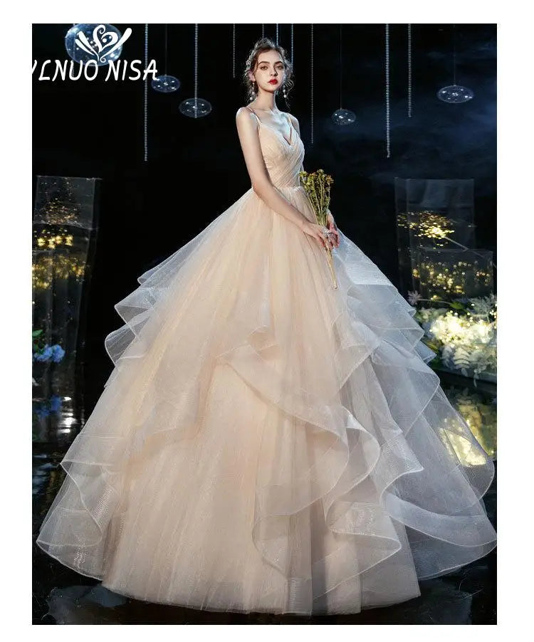 Wedding dress Sexy Deep V Neck Ball Gowns Spaghetti Straps Off White Champagne Tulle Bridal Dress