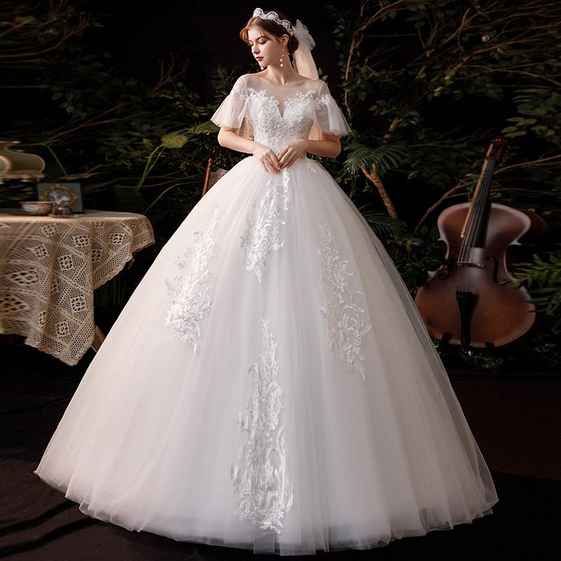 Short Sleeve Lace Wedding Dresses Luxury Bridal Lace Up Ball Gown