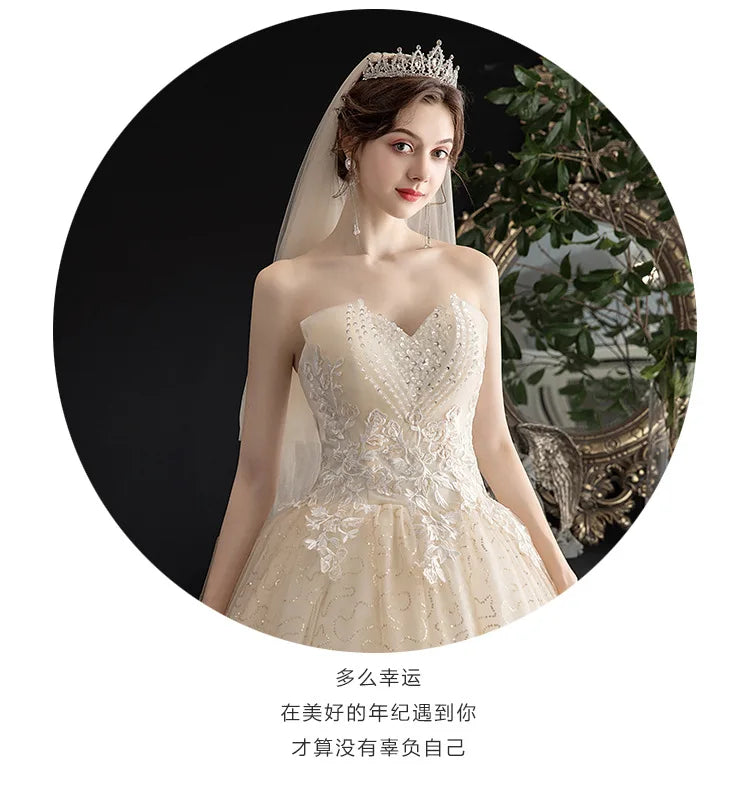 New Korean Lace Strapless Sexy Dubai Wedding Dresses Spring Bridal Gown Cheap Wedding Gowns