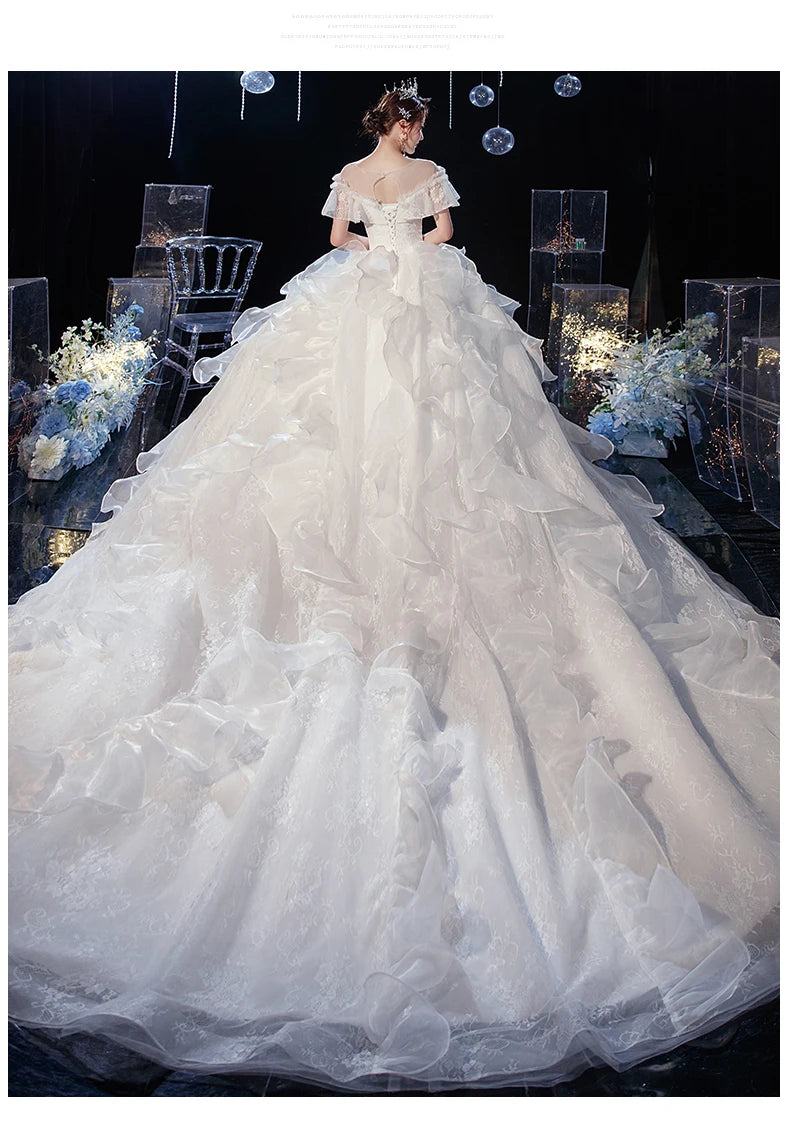 Luxury Lace Wedding Gown With Train Ball Gown Classic Cap Sleeve