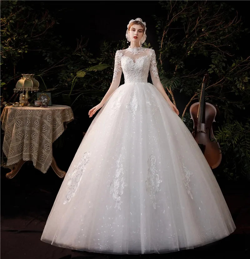 Luxury Lace Embroidery Vintage High Neck three Quarter Sequined Royal Train Bridal Gown