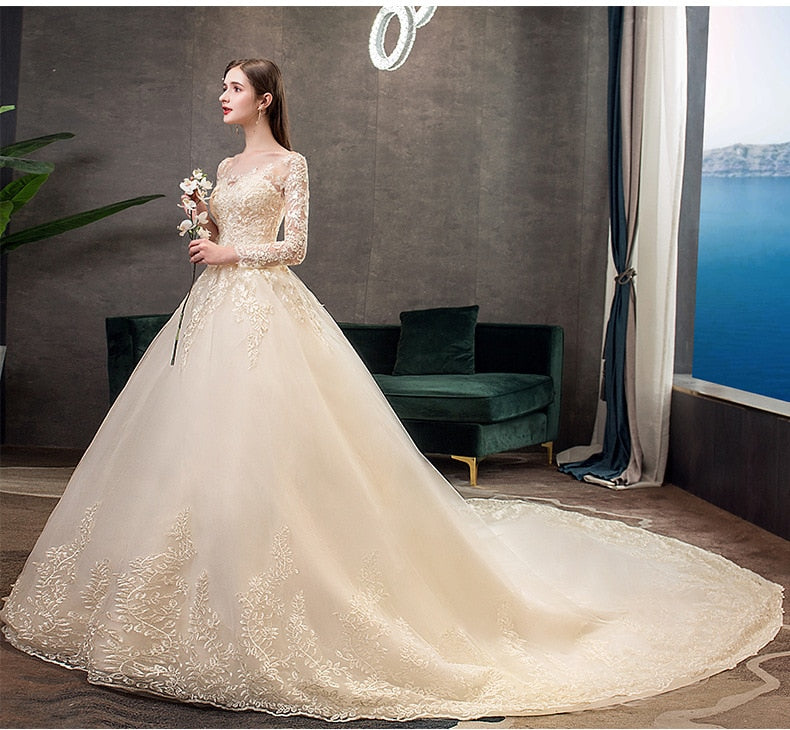 Full Sleeve Wedding Dress With Train Ball Gown Princess Luxury Lace Vestido De Noiva Custom Size