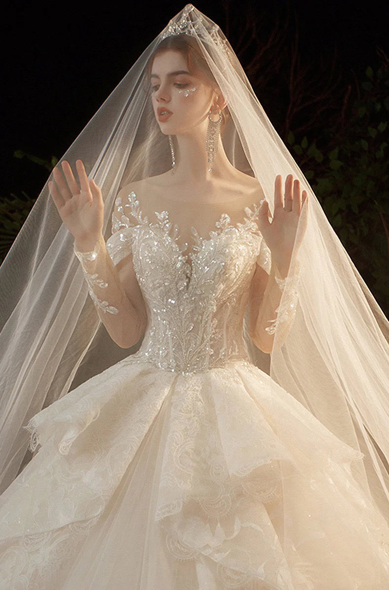 O-Neck Illusion Long Sleeve Brilliant Embroidery Lace Sequins Beading Bridal Gowns With Train