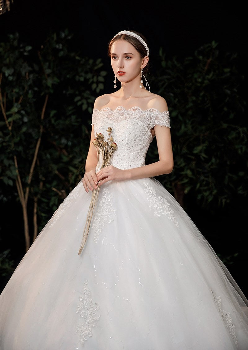 New Boat Neck Wedding Dress Sweep Brush Train Ball Gown Bridal Dress Lace Up Wedding Gowns Vestidos De Novia
