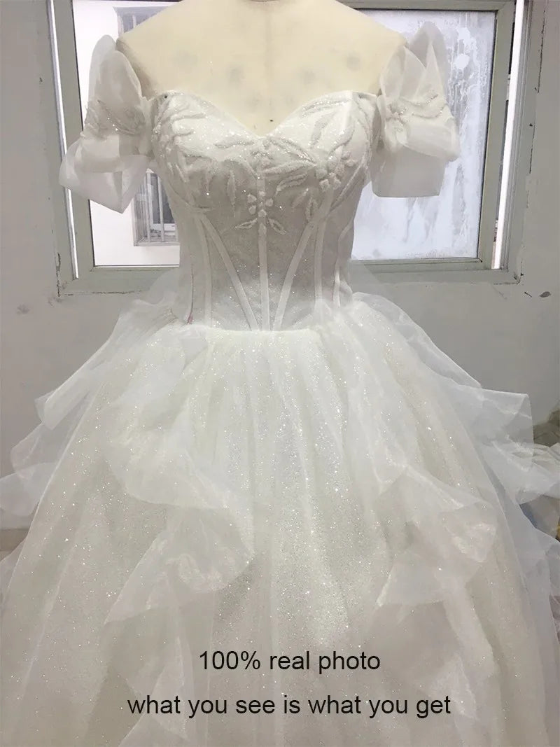 Boat Neck Wedding Dress Luxury Lace Embroidery Bridal Ball Gown Classic Off The Shoulder