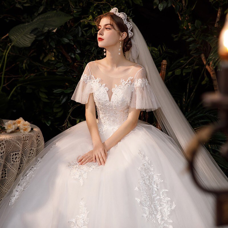 Short Sleeve Lace Wedding Dresses Luxury Bridal Lace Up Ball Gown