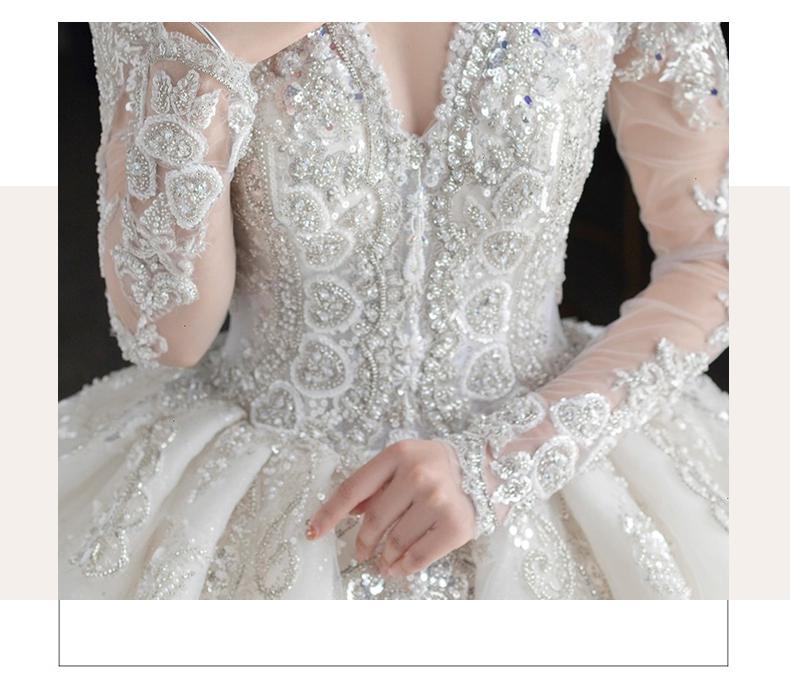 Long Sleeved Winter V Neck Luxury Long Sweep Train Beading Princes Wedding Gown