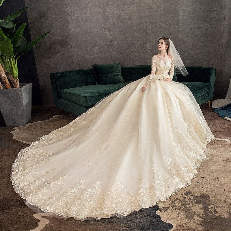 Full Sleeve Wedding Dress With Train Ball Gown Princess Luxury Lace Vestido De Noiva Custom Size