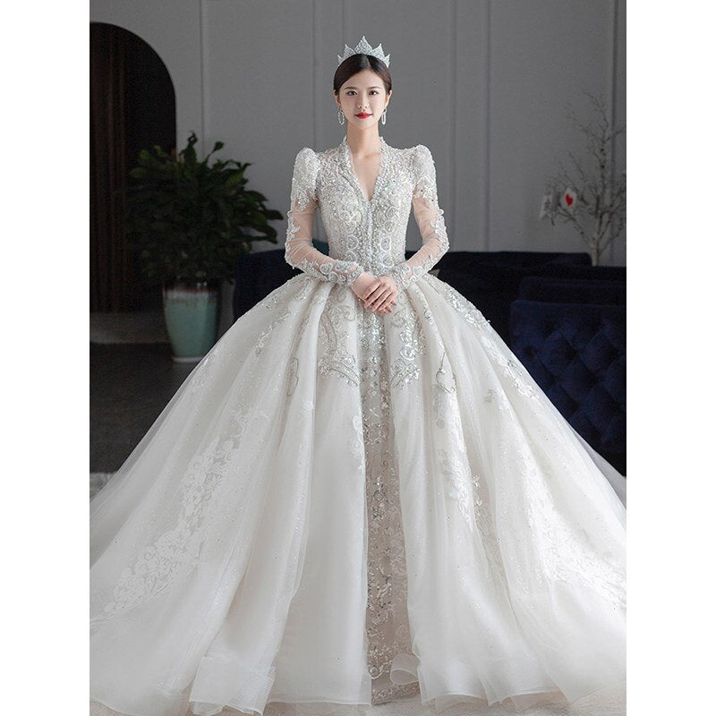 Long Sleeved Winter V Neck Luxury Long Sweep Train Beading Princes Wedding Gown