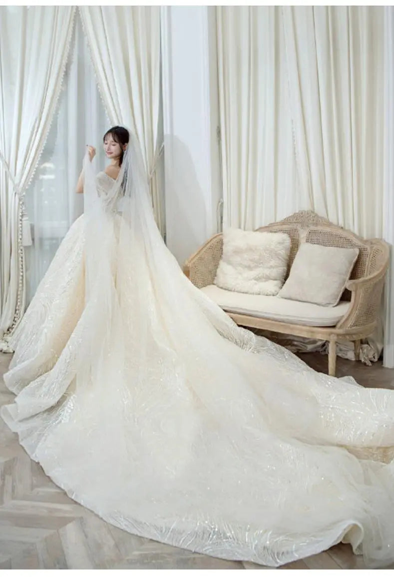 Luxury Sequins Wedding Dress Classic Boat Neck Bridal Gown Off The Shoulder