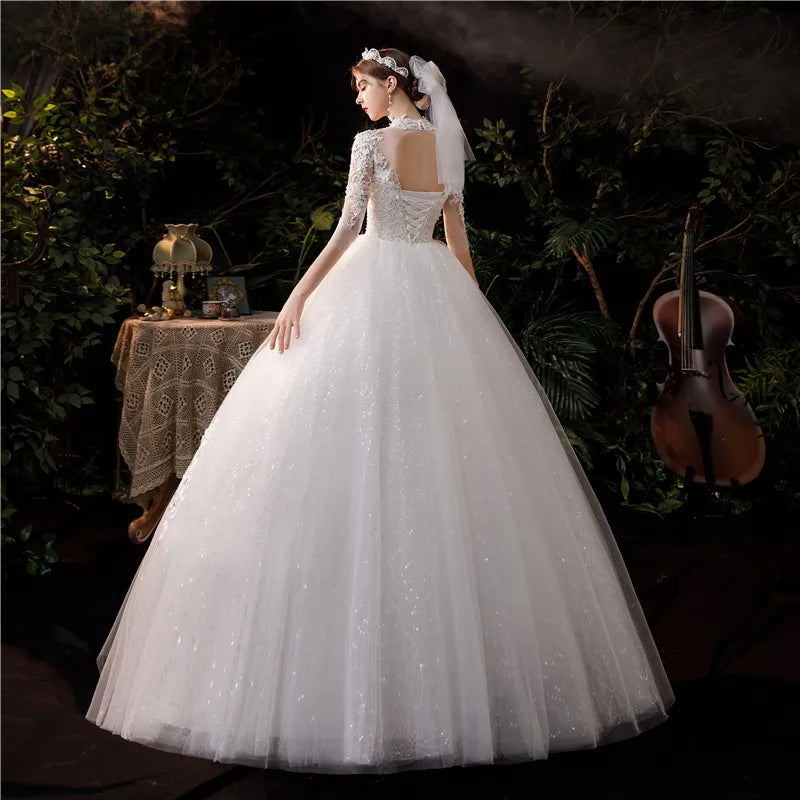 Luxury Lace Embroidery Vintage High Neck three Quarter Sequined Royal Train Bridal Gown