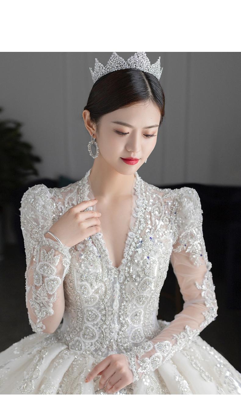 Long Sleeved Winter V Neck Luxury Long Sweep Train Beading Princes Wedding Gown