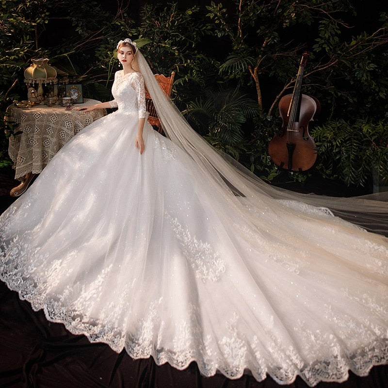 Boat Neck With Train Three Quarter Sleeve Lace Up Bridal Ball Gown