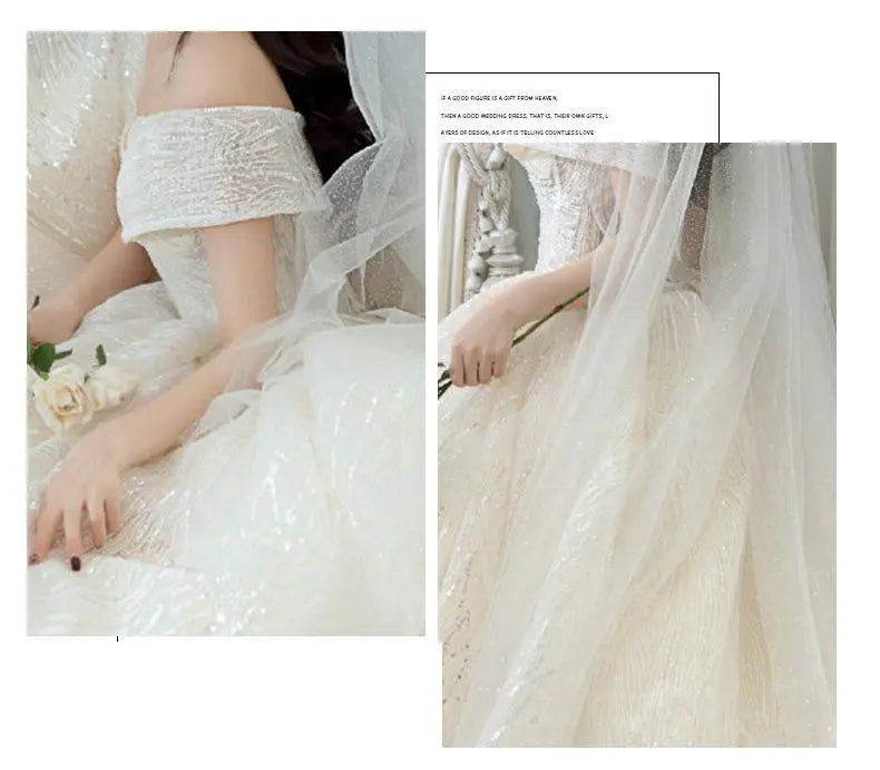 Luxury Sequins Wedding Dress Classic Boat Neck Bridal Gown Off The Shoulder