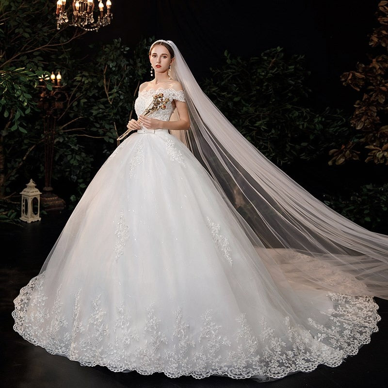 New Boat Neck Wedding Dress Sweep Brush Train Ball Gown Bridal Dress Lace Up Wedding Gowns Vestidos De Novia