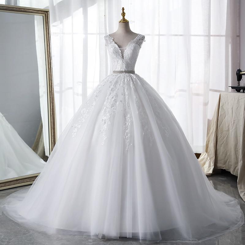 Champagne Wedding Dress With Trian Sexy V-neck Bridal Dress Backless Ball Gown