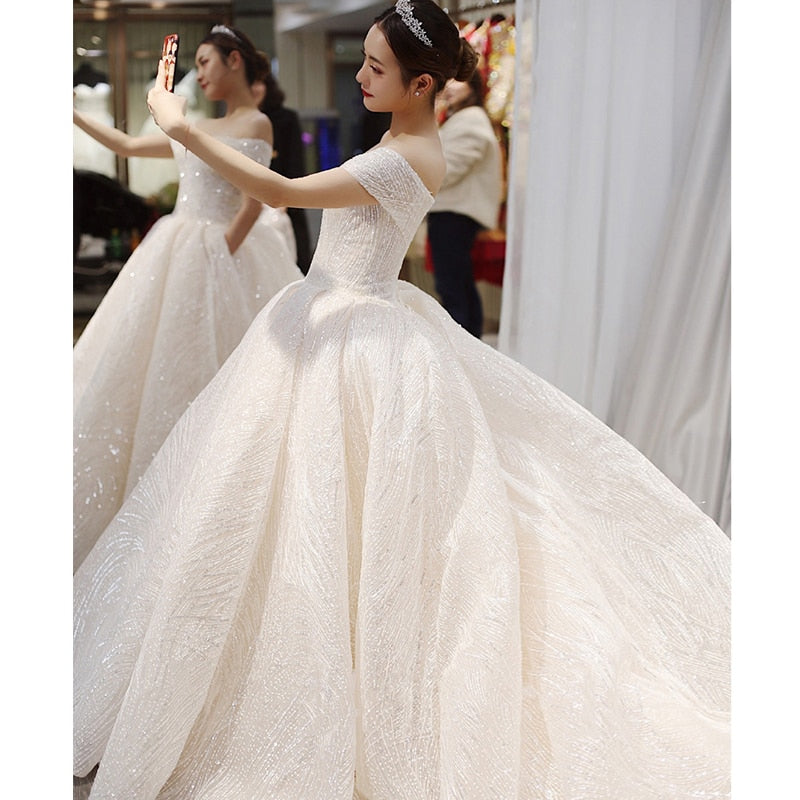 Off The Shoulder Wedding Dress Sweep Train Ball Gown Wedding Gown Vestido De Noiva Luxury Prinecess Bride Dress