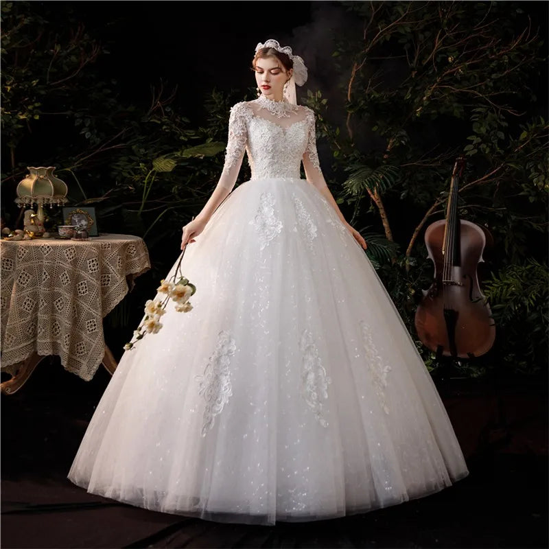Luxury Lace Embroidery Vintage High Neck three Quarter Sequined Royal Train Bridal Gown