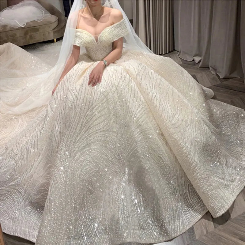 Luxury Sequins Wedding Dress Classic Boat Neck Bridal Gown Off The Shoulder