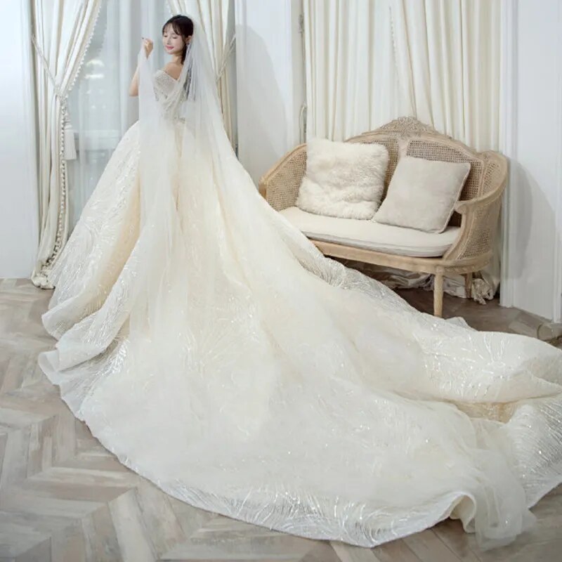 Luxury Sequins Wedding Dress Classic Boat Neck Bridal Gown Off The Shoulder