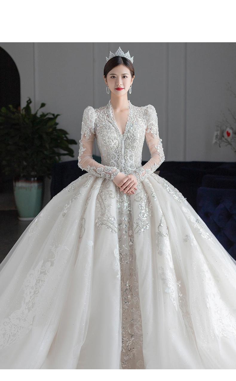 Long Sleeved Winter V Neck Luxury Long Sweep Train Beading Princes Wedding Gown