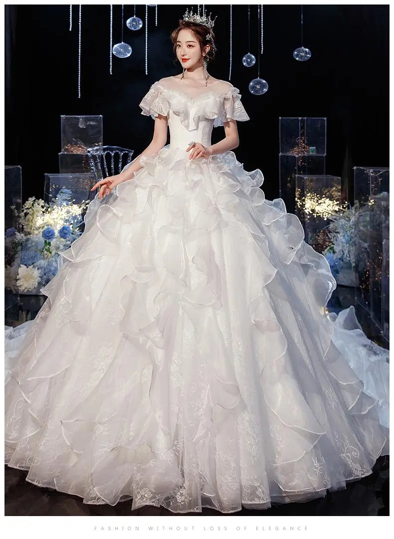 Luxury Lace Wedding Gown With Train Ball Gown Classic Cap Sleeve