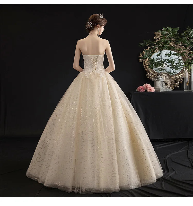 New Korean Lace Strapless Sexy Dubai Wedding Dresses Spring Bridal Gown Cheap Wedding Gowns