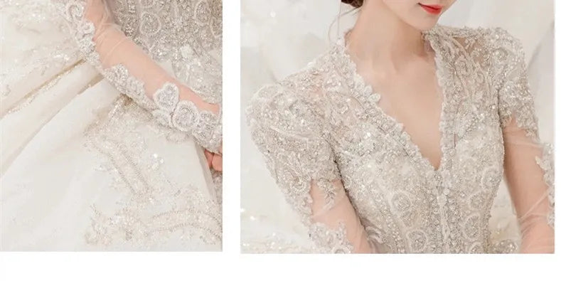 Gorgeous V Neck Illusion Full Sleeve Shining Beaded Crystal Lace Applique Wedding Party Bridal Gowns