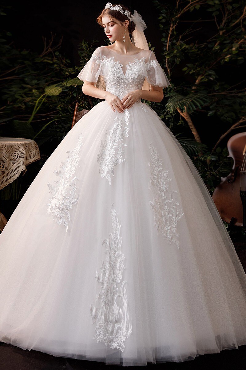 Short Sleeve Lace Wedding Dresses Luxury Bridal Lace Up Ball Gown