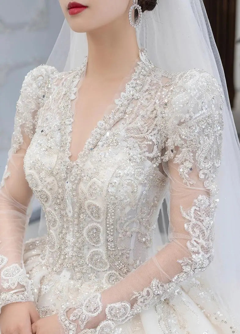 Luxury Bedading Long Sleeve Winter Wedding Dress V Neck