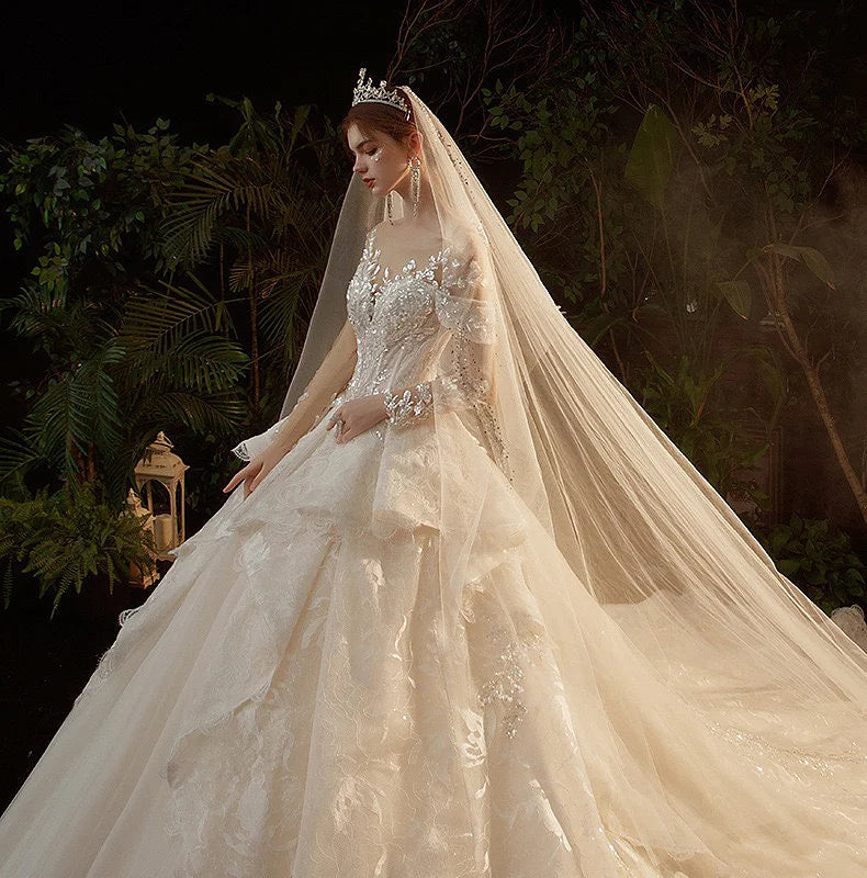 O-Neck Illusion Long Sleeve Brilliant Embroidery Lace Sequins Beading Bridal Gowns With Train