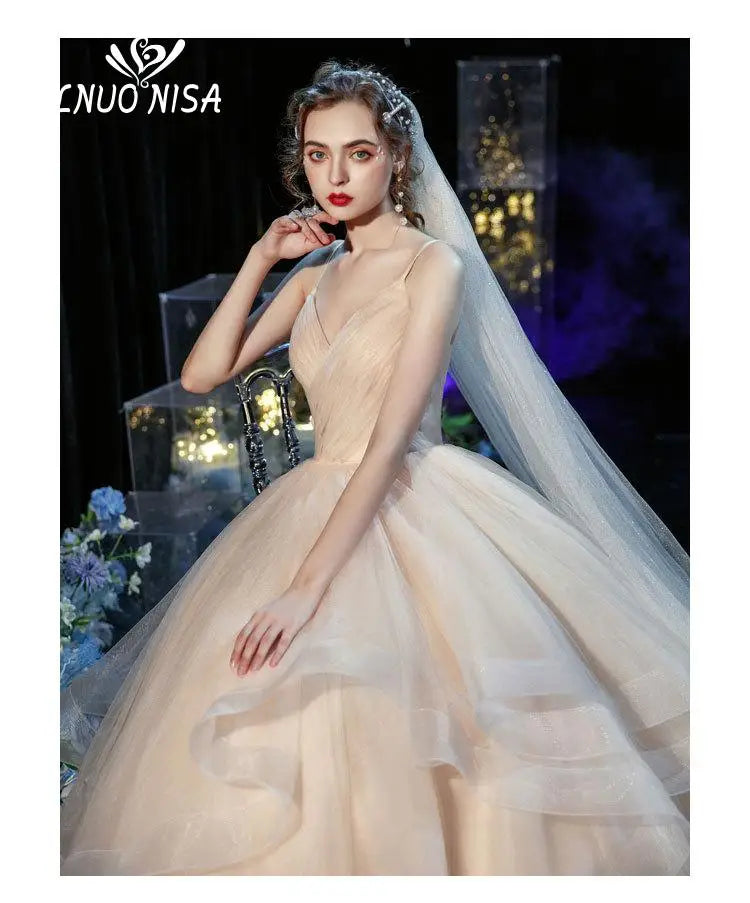 Wedding dress Sexy Deep V Neck Ball Gowns Spaghetti Straps Off White Champagne Tulle Bridal Dress