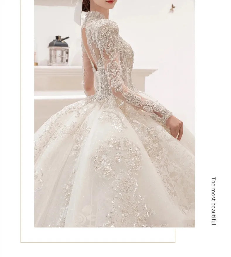 Gorgeous V Neck Illusion Full Sleeve Shining Beaded Crystal Lace Applique Wedding Party Bridal Gowns