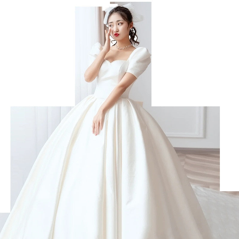 Luxury Satin Wedding Dress Pure White With Train Simple Bridal Ball Gown Custom Made