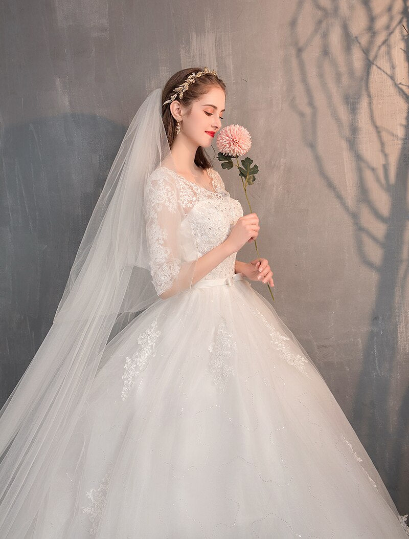 Lace Embroidery Half Sleeve Wedding Dresses Long Train Wedding Gown Belt V Neck Elegant