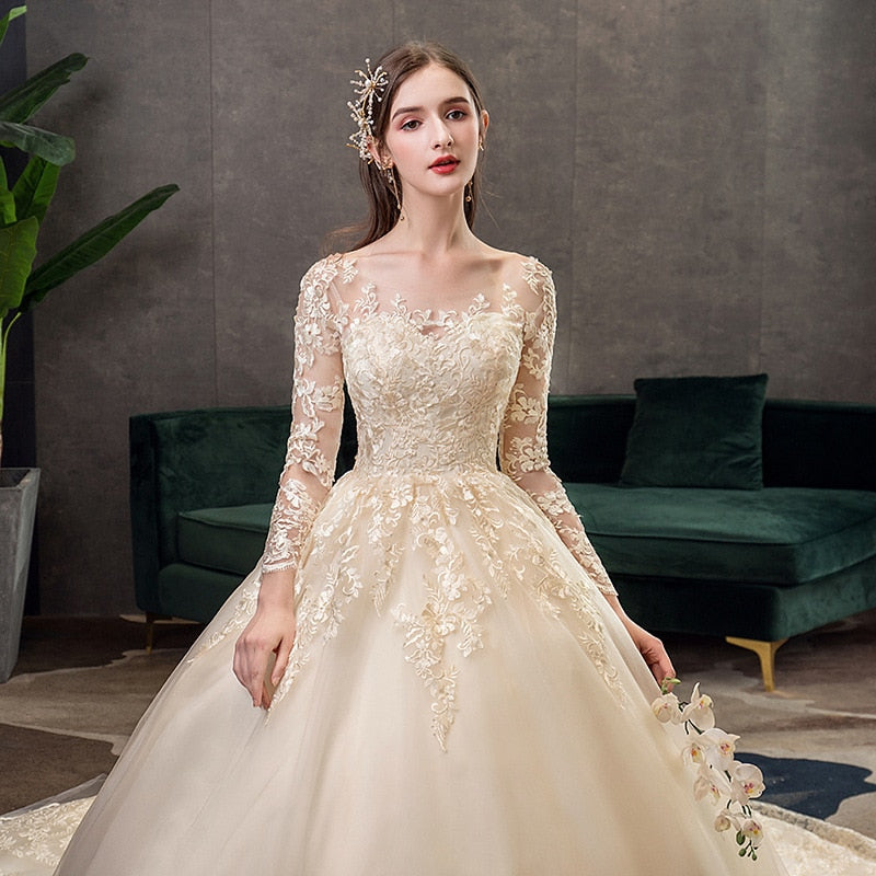 Full Sleeve Wedding Dress With Train Ball Gown Princess Luxury Lace Vestido De Noiva Custom Size