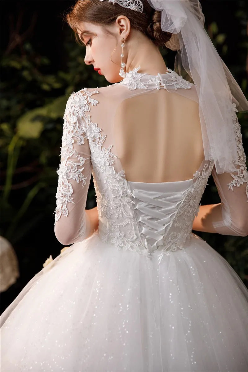 Luxury Lace Embroidery Vintage High Neck three Quarter Sequined Royal Train Bridal Gown