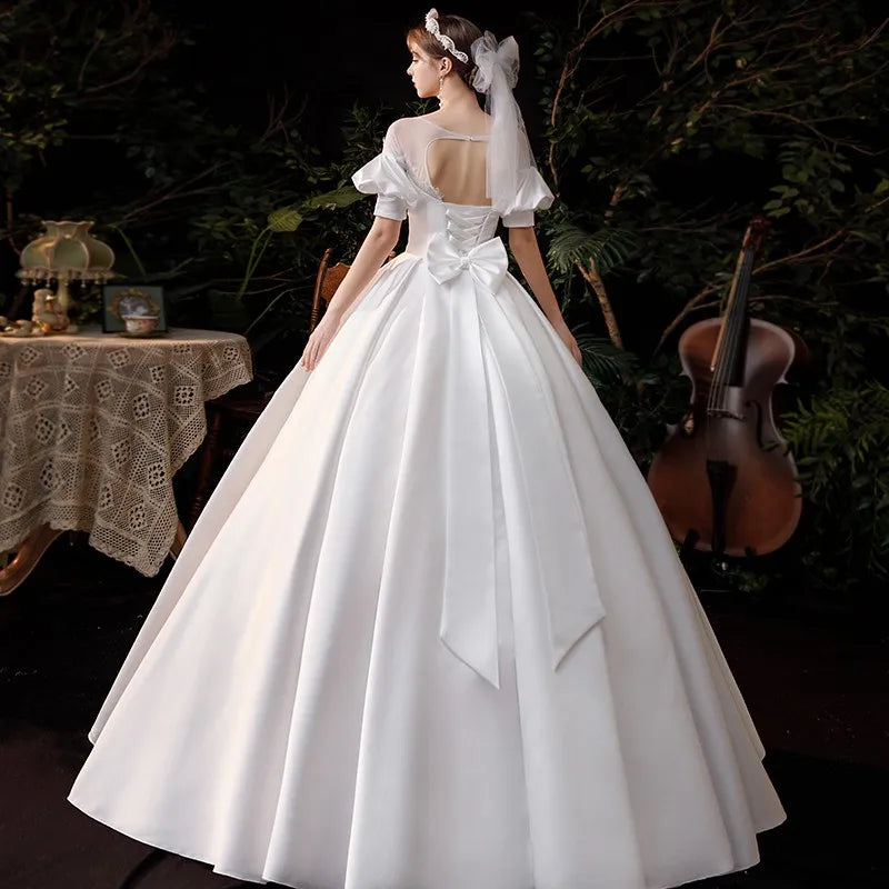 Satin Wedding Dress Puff Sleeve Classic O-neck Lace Up Ball Gown